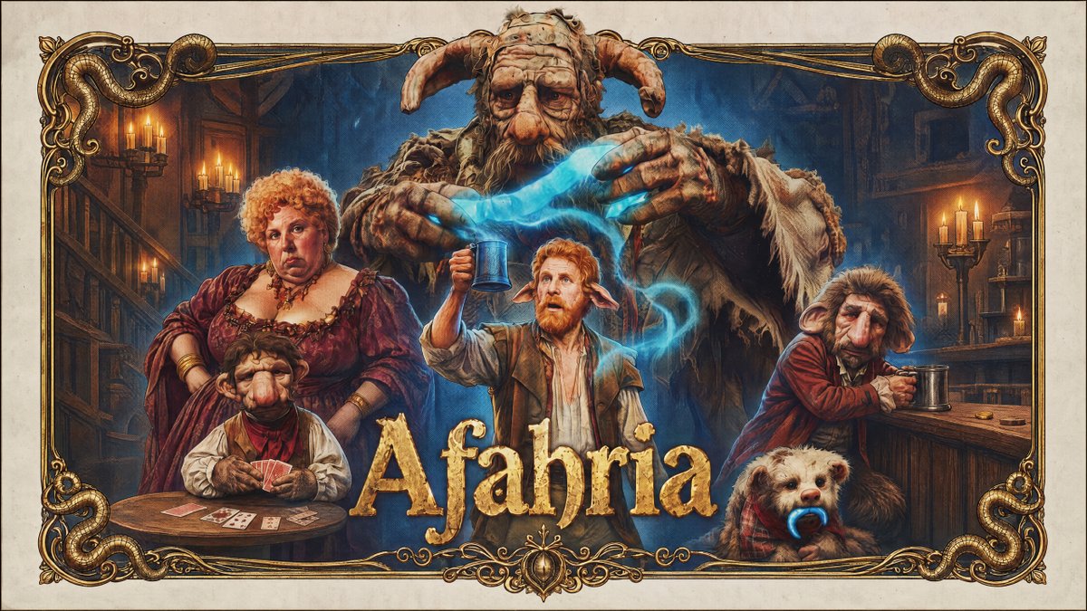 The fantastical pub ensemble in ornate Afahria release artwork