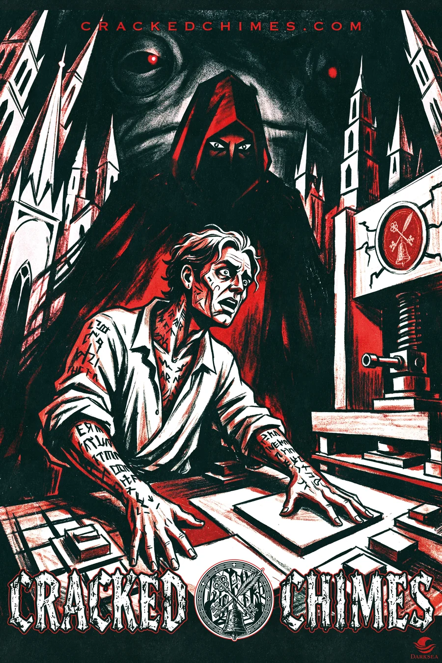 Red, green and white Cracked Chimes poster with a terrified printer and a looming hooded figure