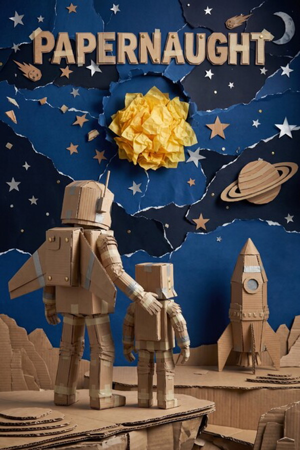 Papernaught poster: a cardboard father and child beneath paper stars and a yellow sun