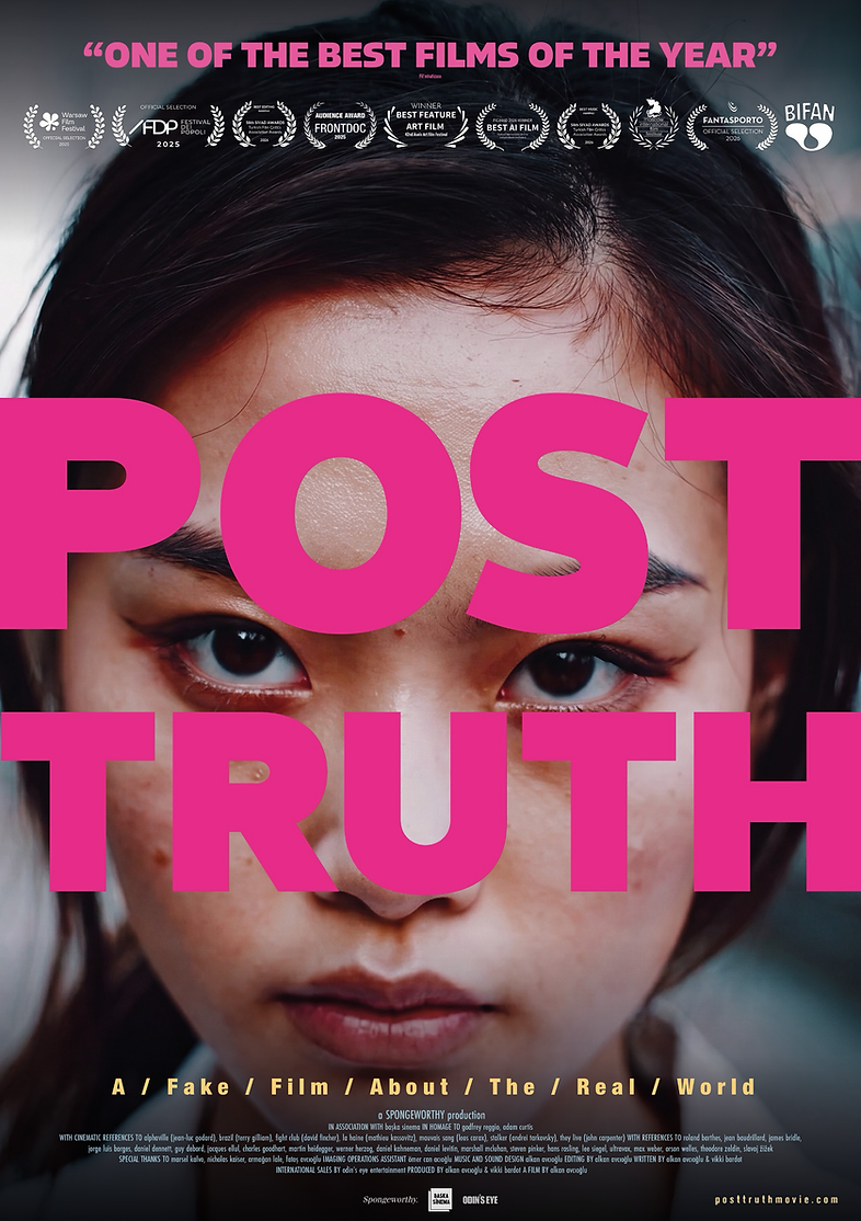 Post Truth poster with bold pink lettering over a woman’s face