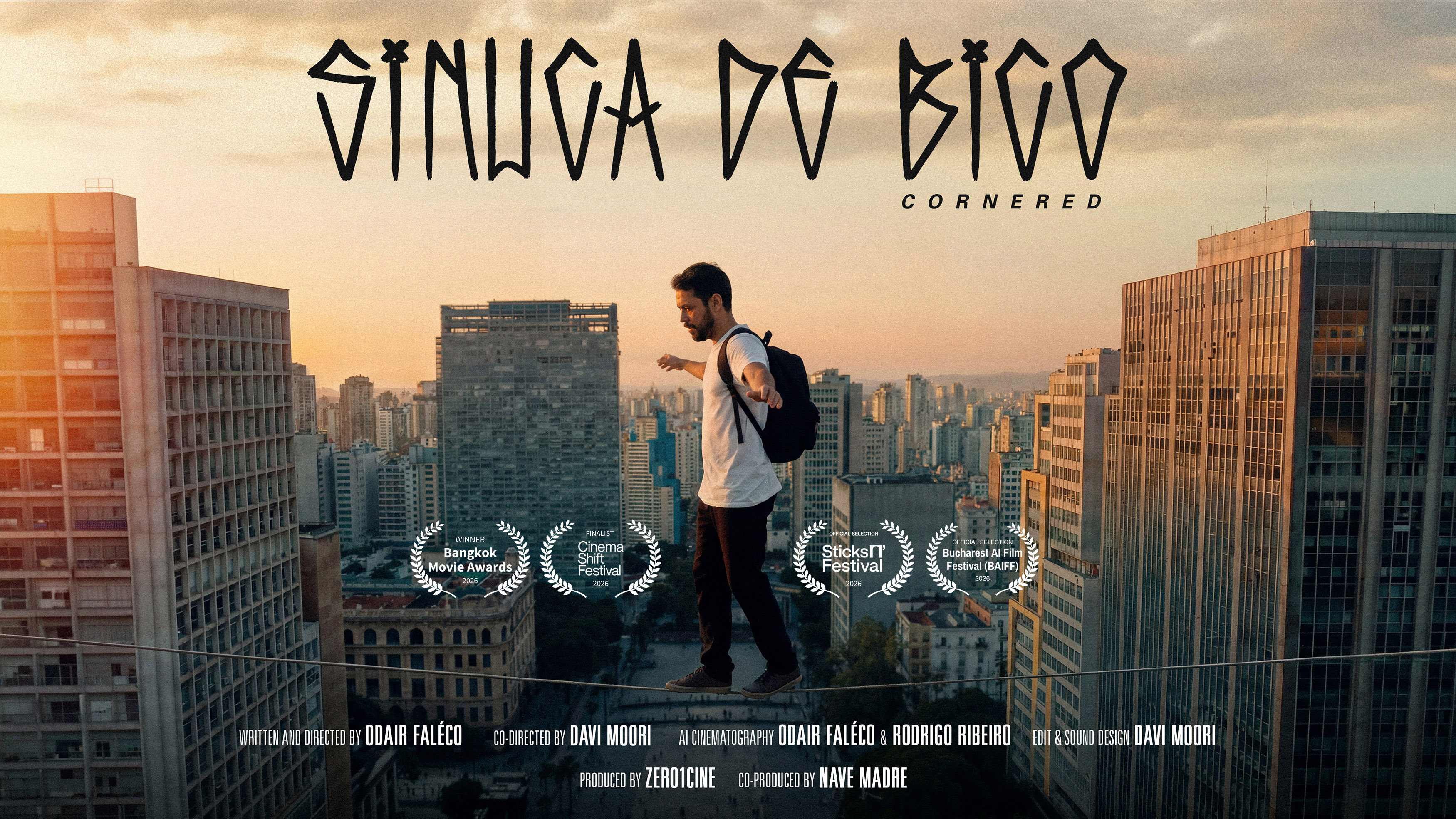 Cornered poster showing a man balancing on a wire above São Paulo