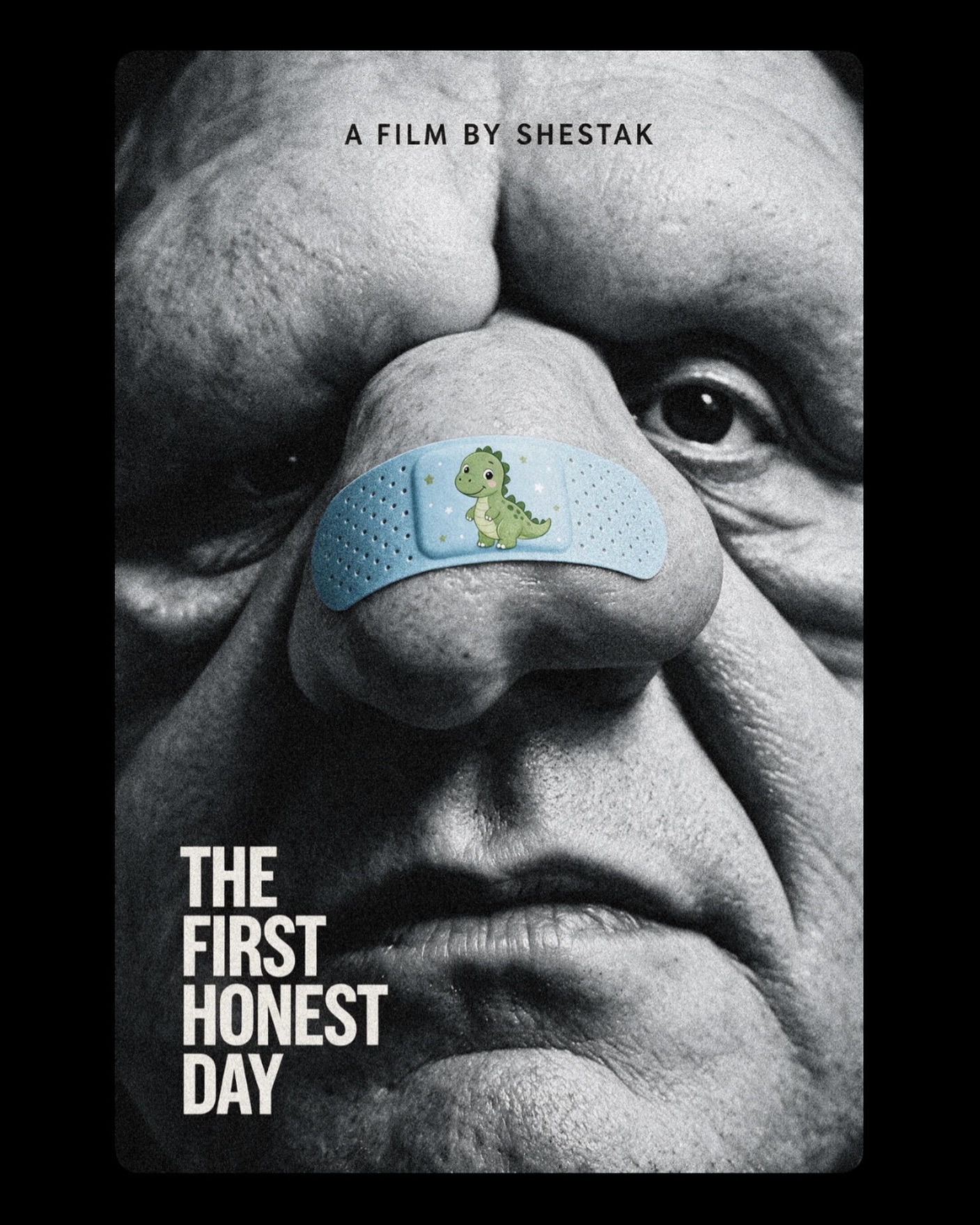 The First Honest Day poster showing a black-and-white face with a small dinosaur bandage on its nose